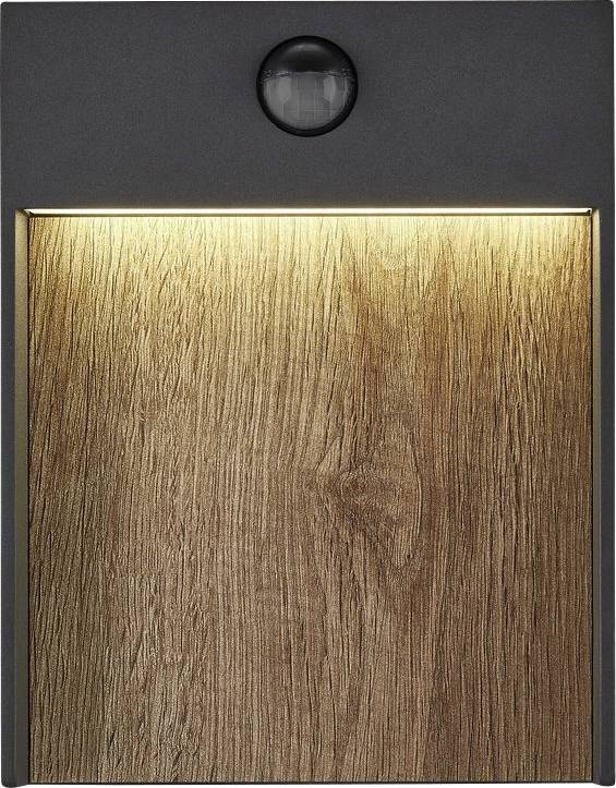 Prostokątna, ciemnoszara lampa ścienna z drewnianą przednią częścią, wyposażona w czujnik na górze do sterowania ruchem i zapewnienia oświetlenia pośredniego.