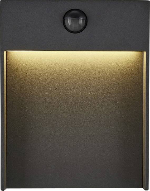 Kinkiet z wbudowanym czujnikiem ruchu; świeci ciepłym białym światłem, idealny do zastosowań na zewnątrz, aktywujący oświetlenie w momencie wykrycia ruchu.