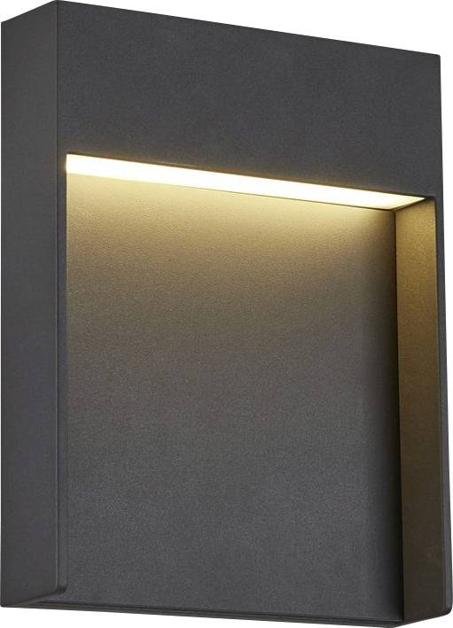 Nowoczesna lampa ścienna z prostokątną ramą i zintegrowanym światłem LED, które emituje ciepłe światło skierowane w dół.