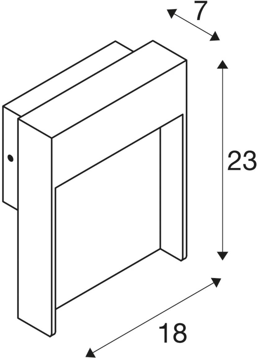 Izometryczny rysunek prostokątnego obiektu o wymiarach 7, 23 i 18.