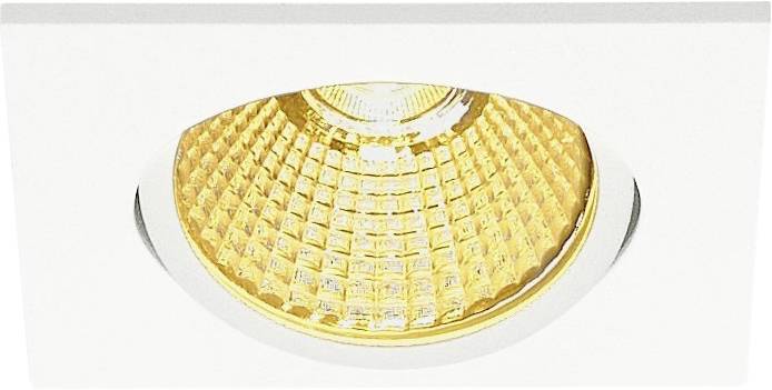 Wpuszczany sufitowy reflektor z półokrągłym, kratowanym kloszem, emitujący ciepłe światło.