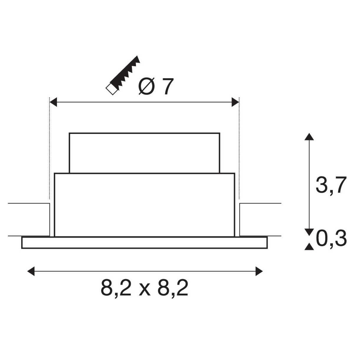 Rysunek techniczny elementu cylindrycznego. Wymiary: Ø 7, wysokość 3,7, szerokość 8,2 x 8,2, grubość 0,3. Symboliczny klucz w lewym górnym rogu.