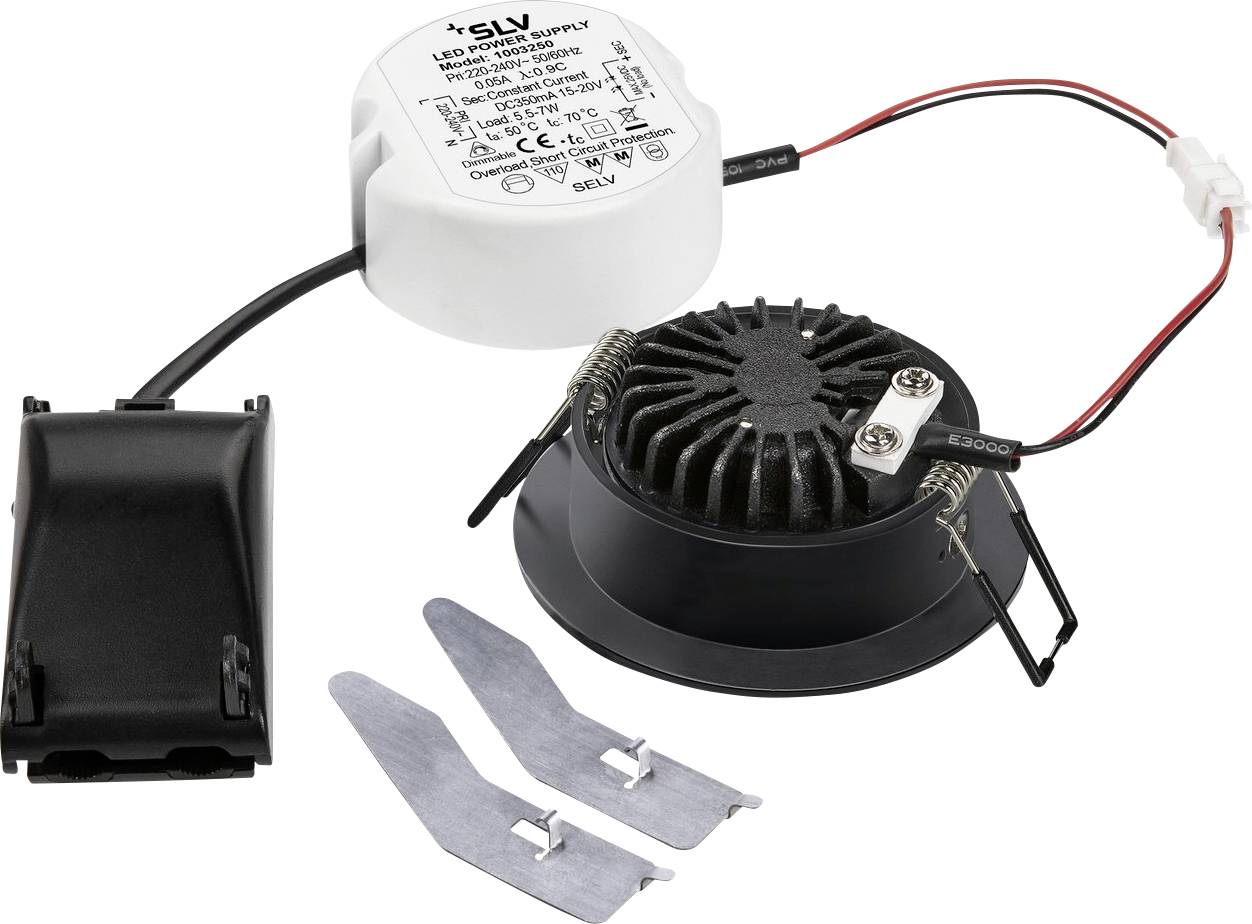 Zestaw opraw podtynkowych z zasilaczem LED, okrągła czarna obudowa lampy oraz dwie klamry mocujące, odpowiednie do montażu sufitowego.