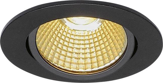 Okrągła, czarna oprawa wpuszczana z wewnętrzną wykładziną w kolorze złotym, która odbija światło i emituje ciepłe, przyjemne oświetlenie.