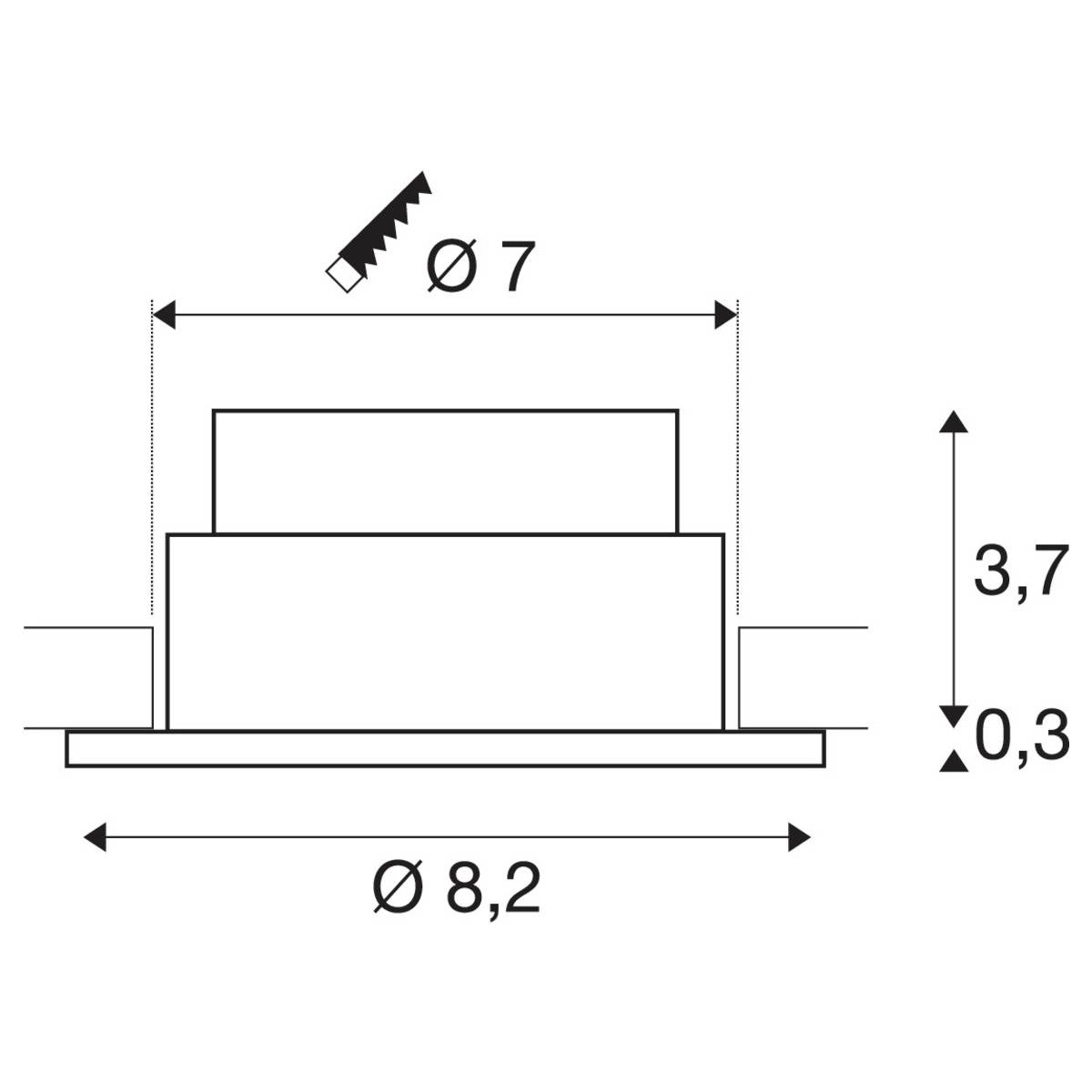 Rysunek techniczny komponentu schematycznego o wymiarach: średnica 8,2 mm, wysokość 3,7 mm, z mniejszą średnicą wynoszącą 7 mm.
