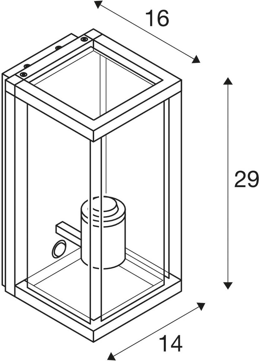 Rysunek techniczny prostokątnej lampy o wymiarach 16x14x29. Szczegół wewnętrzny przedstawia centralny oprawkę lamp.