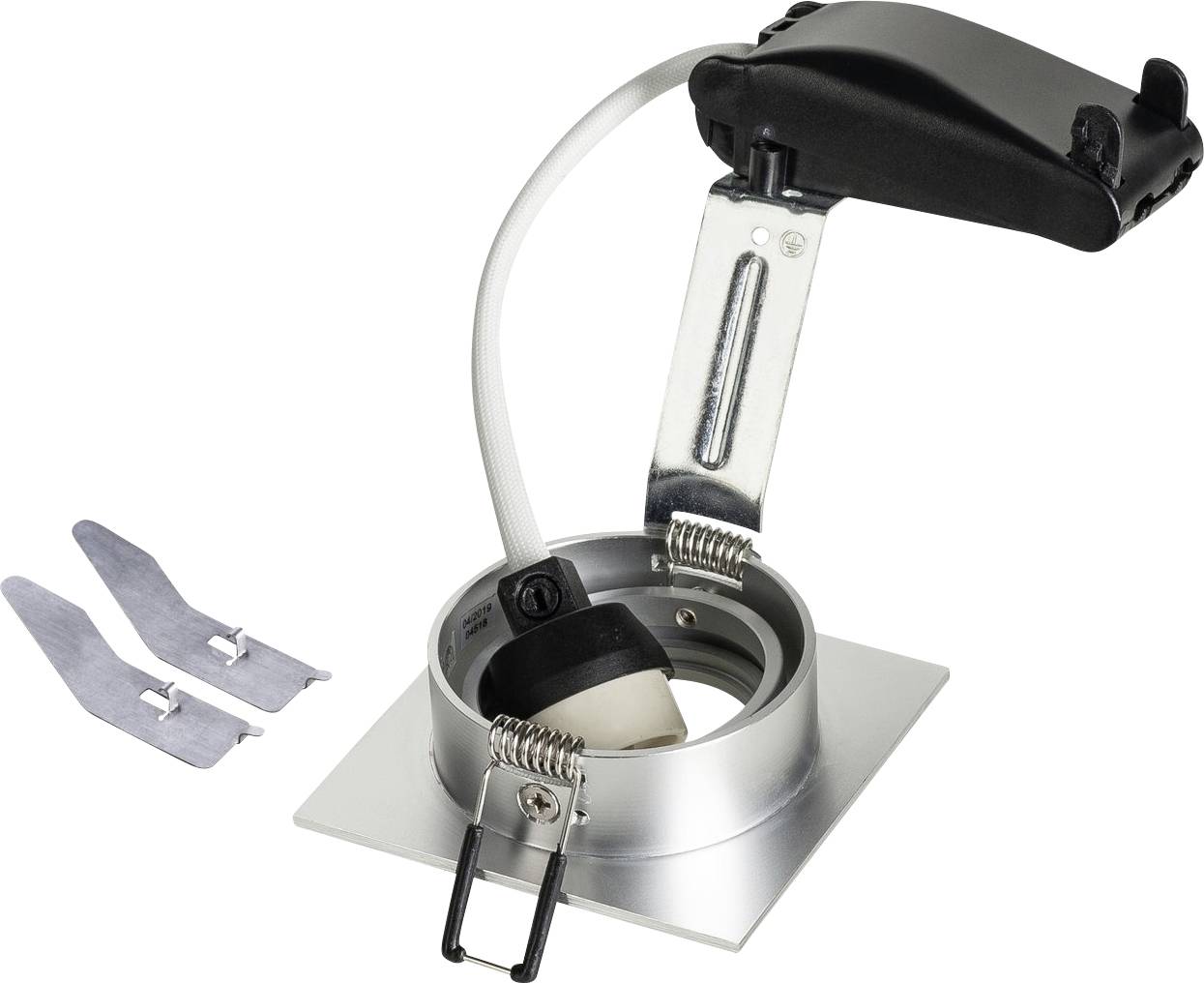 Zestaw opraw sufitowych z metalową ramką i przewodami, odpowiedni do instalacji lamp. Zawiera materiały montażowe.