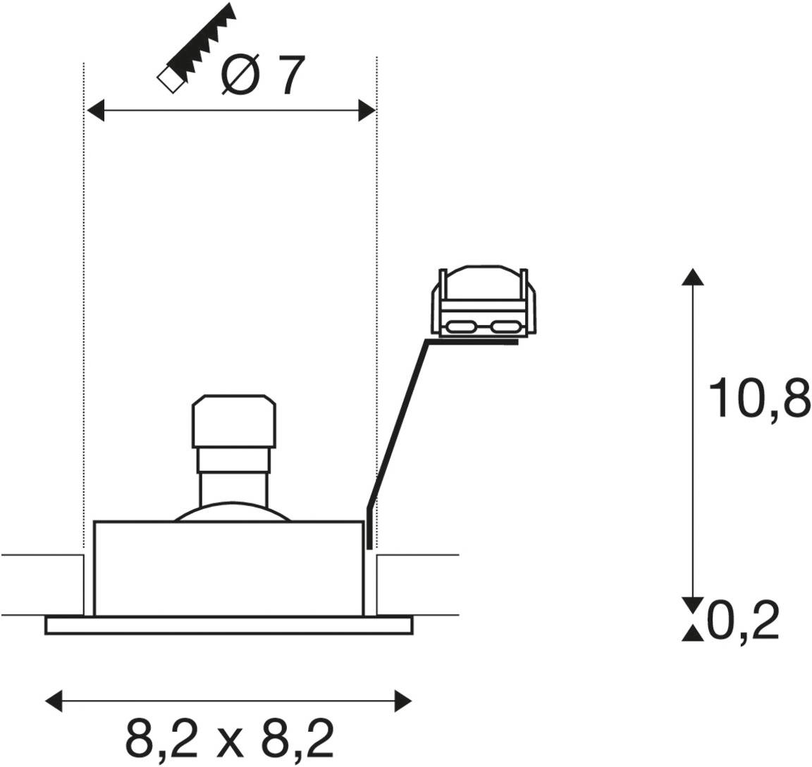 'Szkic elementu elektrycznego z wymiarami: Ø7 mm, 8,2 x 8,2 cm, wysokość 10,8 cm. Diagram liniowy i strzałkowy ilustrujący wymiary.'