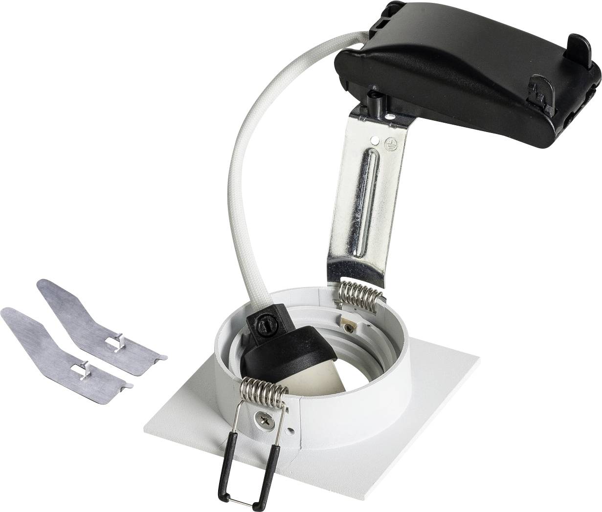 Oprawa podtynkowa z białą, kwadratową ramką i kablem przyłączeniowym obok. Odpowiednia do montażu sufitowego.