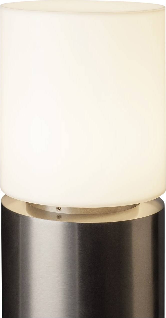 Prosta, nowoczesna lampa stołowa z cylindrycznym, białym kloszem i metalową podstawą.