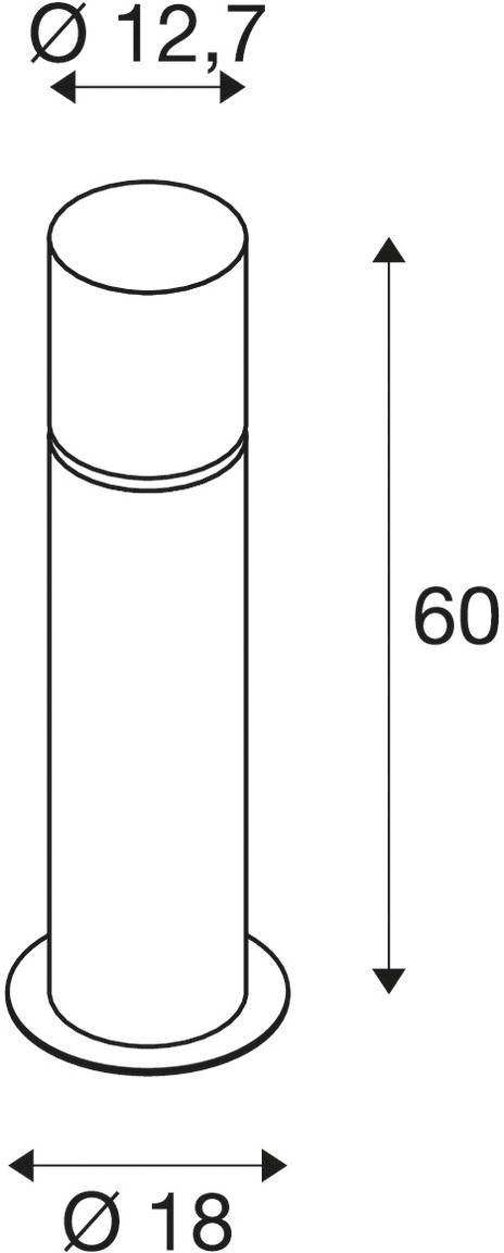 Szkic cylindrycznego obiektu o górnej średnicy 12,7 cm, dolnej średnicy 18 cm, wysokości 60 cm.