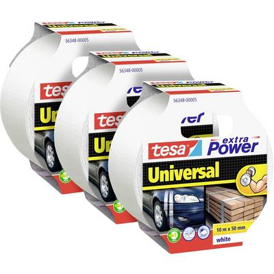 Trzy rolki białej taśmy 'tesa extra Power Universal', oznaczonej jako uniwersalnej do zastosowań motoryzacyjnych i budowlanych, o wymiarach 10m x 50mm.
