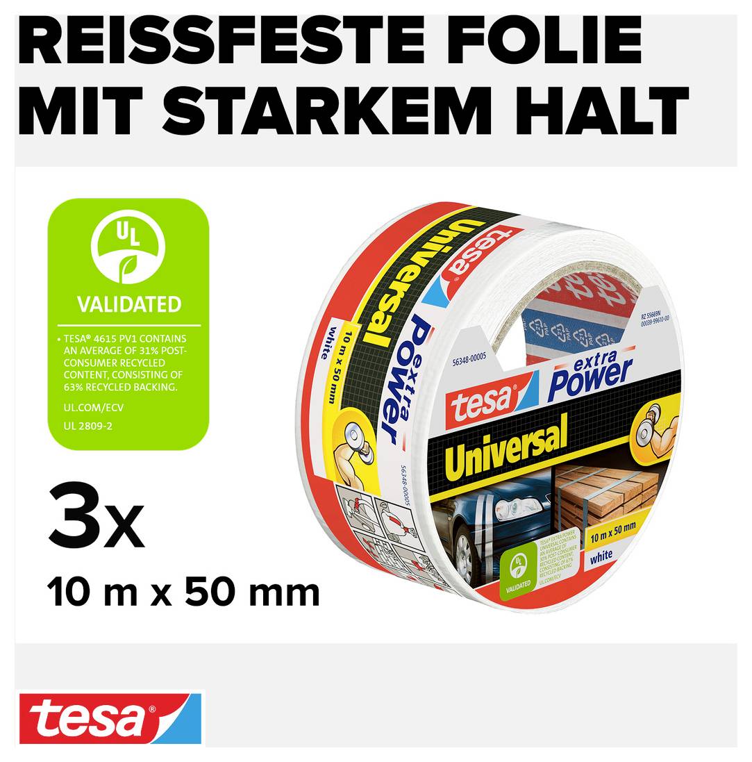 Trzy rolki tesa Universal extra Power: Wytrzymałe taśmy klejące, 10 m x 50 mm. Wysoka trwałość, 65% materiału z recyklingu.