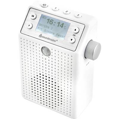 Białe przenośne radio z wyświetlaczem pokazuje '16:14', 'BAYERN 3', 'Z Simone Faust'. Przyciski do zmiany stacji i regulacji głośności.