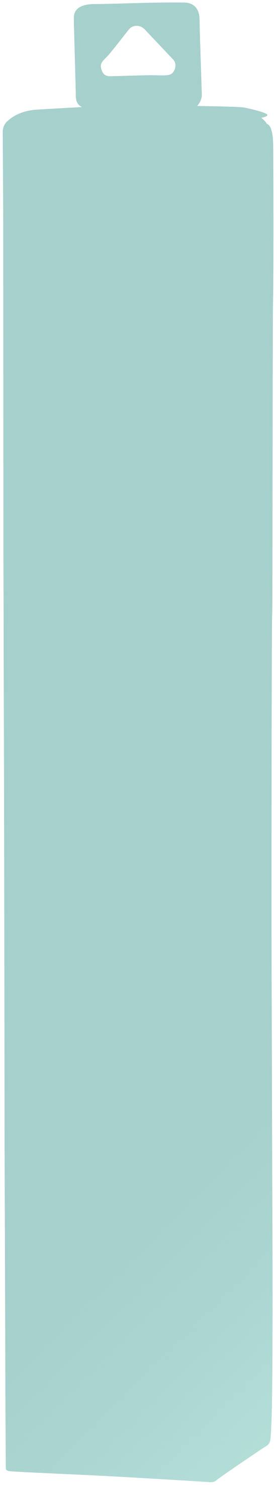 Jednobarwny, wysoki, turkusowy prostokąt ze wcięciem na czubku, przypominający zakładkę lub etykietę.