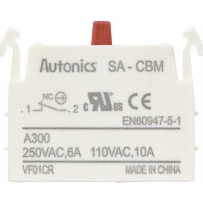 Biała komponenta sterująca z parametrami technicznymi i logami certyfikacyjnymi, wyprodukowana w Chinach. Oznaczenie: Autonics SA-CBM.