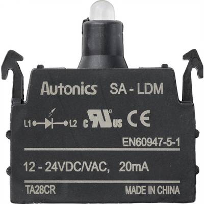 Przełącznik 'Autonics SA-LDM', czarna obudowa z tworzywa sztucznego, dioda LED na górze, specyfikacja: 12-24V DC/AC, 20mA, wyprodukowany w Chinach.