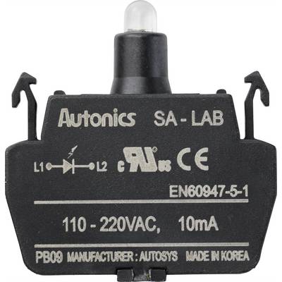 Czarny elektryczny przełącznik z napisem 'Autonics SA-LAB', napięcie 110-220VAC, 10mA, wyprodukowany przez Autosys, Korea.