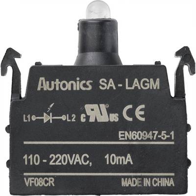 Czarny czujnik firmy Autonics, model SA-LAGM, napięcie 110-220V AC, 10 mA. Certyfikaty: CE, EN60947-5-1. Wyprodukowany w Chinach.