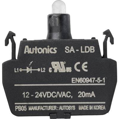 Czarny elektroniczny przełącznik z nadrukiem, pod którym widnieje napis '12-24VDC/VAC, 20mA'. Na przełączniku znajdują się informacje o producencie oraz logotypy certyfikacyjne.