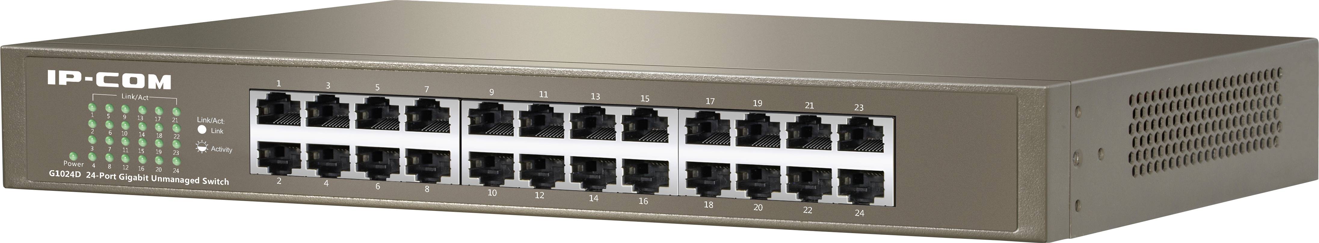 Przełącznik sieciowy z 24 portami Ethernet, przeznaczony do zarządzania połączeniami sieciowymi w firmie lub biurze.