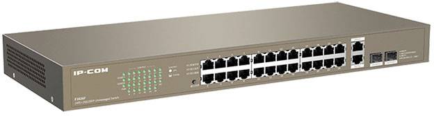 Przełącznik sieciowy z wieloma portami Ethernet i diodami kontrolnymi. Model: IP-COM.