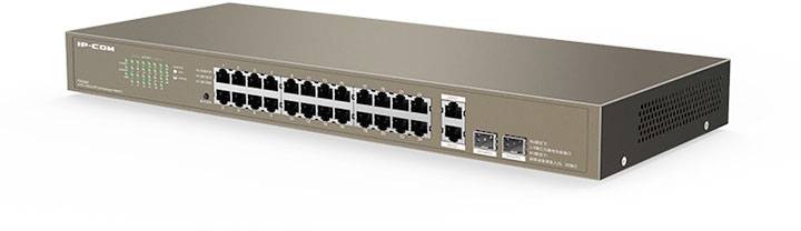 Przełącznik sieciowy z 24 portami Ethernet i 2 dodatkowymi portami rozszerzeń, przeznaczony do zarządzania wieloma połączeniami.