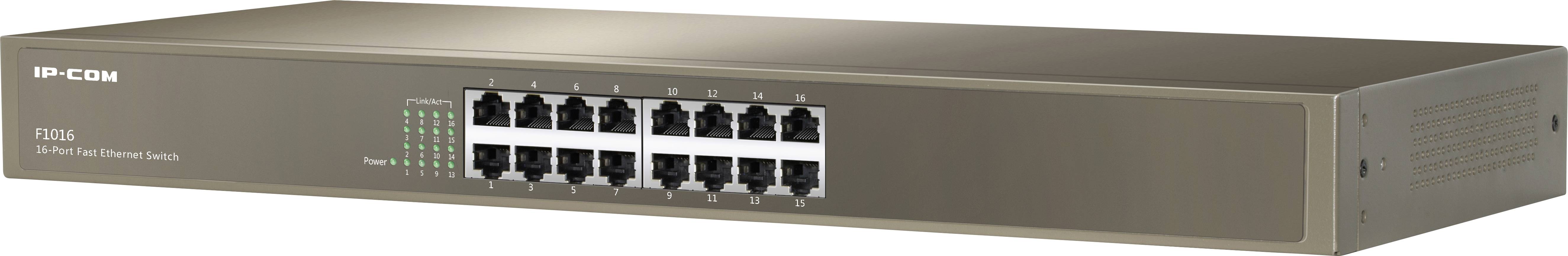 Przełącznik IP z 16 portami Ethernet, odpowiedni do łączenia wielu urządzeń w biurze lub sieci domowej.