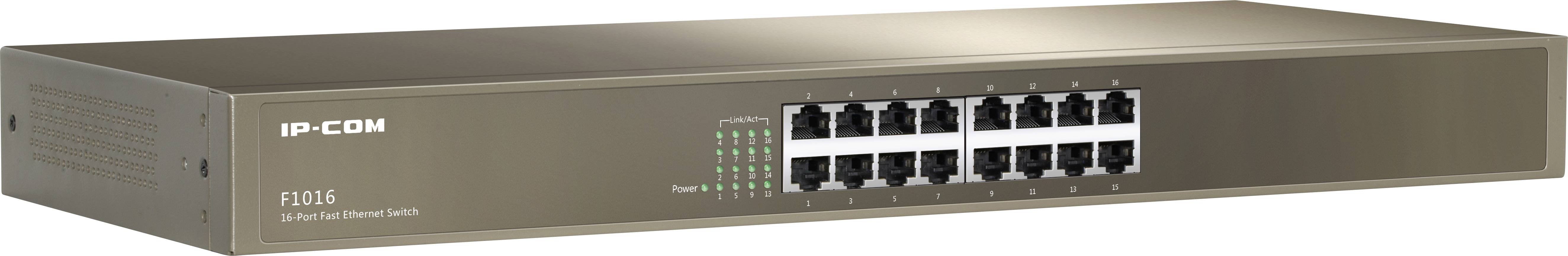 Przełącznik sieciowy IP-COM z 16 portami Ethernet, model S16E, przeznaczony do podłączenia wielu urządzeń w sieci lokalnej.