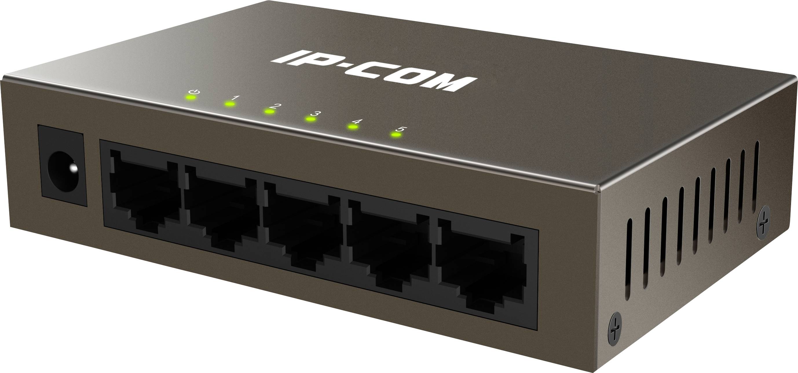Przełącznik sieciowy IP-COM z pięcioma portami Ethernet i wskaźnikami LED na górnej powierzchni do wyświetlania statusu.