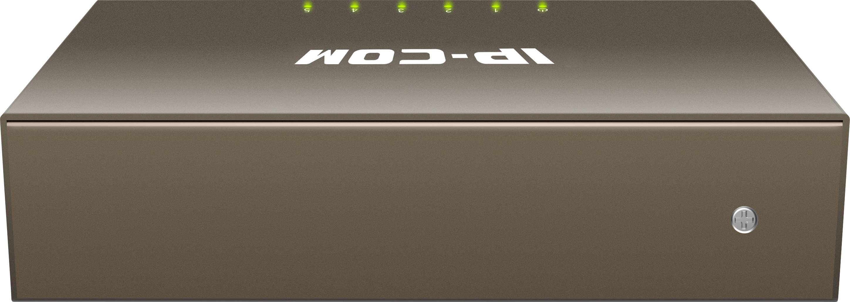 Brązowy przełącznik sieciowy IP-Com z sześcioma zielonymi wskaźnikami LED na górze.