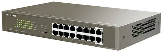 Szary switch sieciowy z wieloma portami Ethernet i świecącymi wskaźnikami statusu sygnalizuje aktywne połączenie danych.