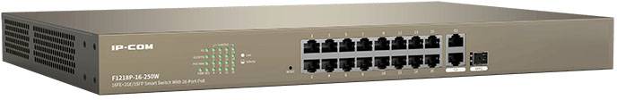 Przełącznik sieciowy marki IP-COM z 24 portami, przeznaczony do stosowania w sieciach firmowych w celu transmisji i zarządzania danymi.