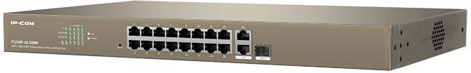 Przełącznik sieciowy z 16 portami Ethernet, model 'IP-COM 16FE+2GE', do podłączenia wielu urządzeń w sieci.