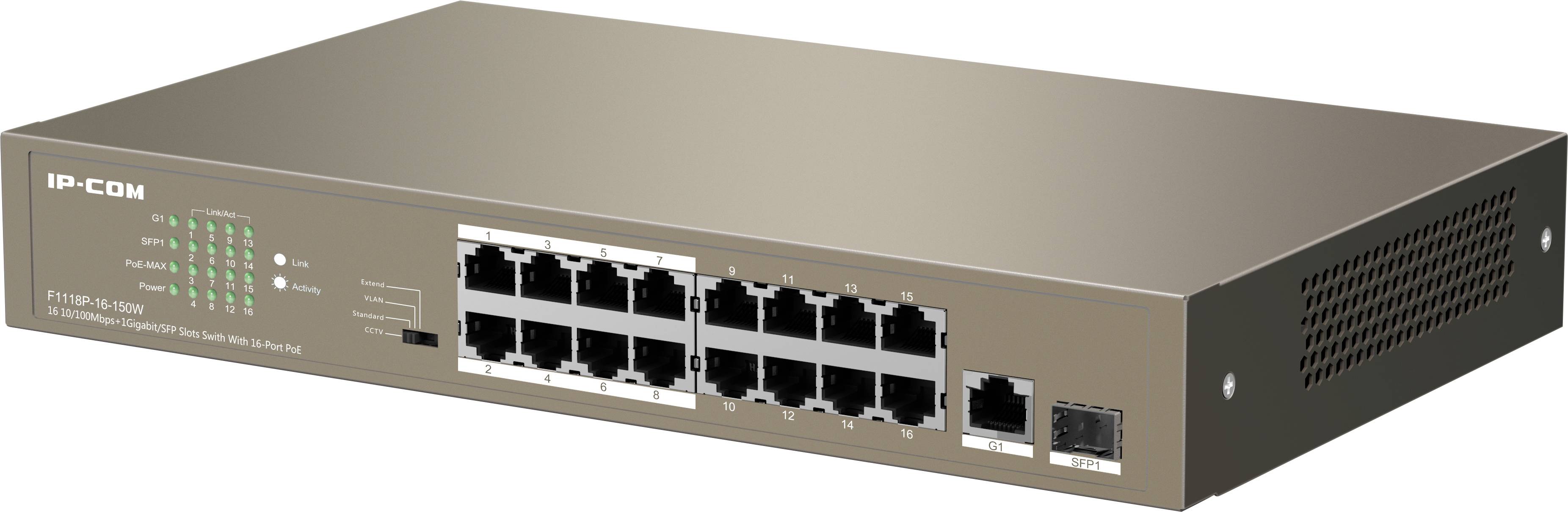 Przełącznik sieciowy z 16 portami Ethernet i dwoma dodatkowymi portami rozszerzeń. Wskaźniki LED sygnalizują stan poszczególnych portów.