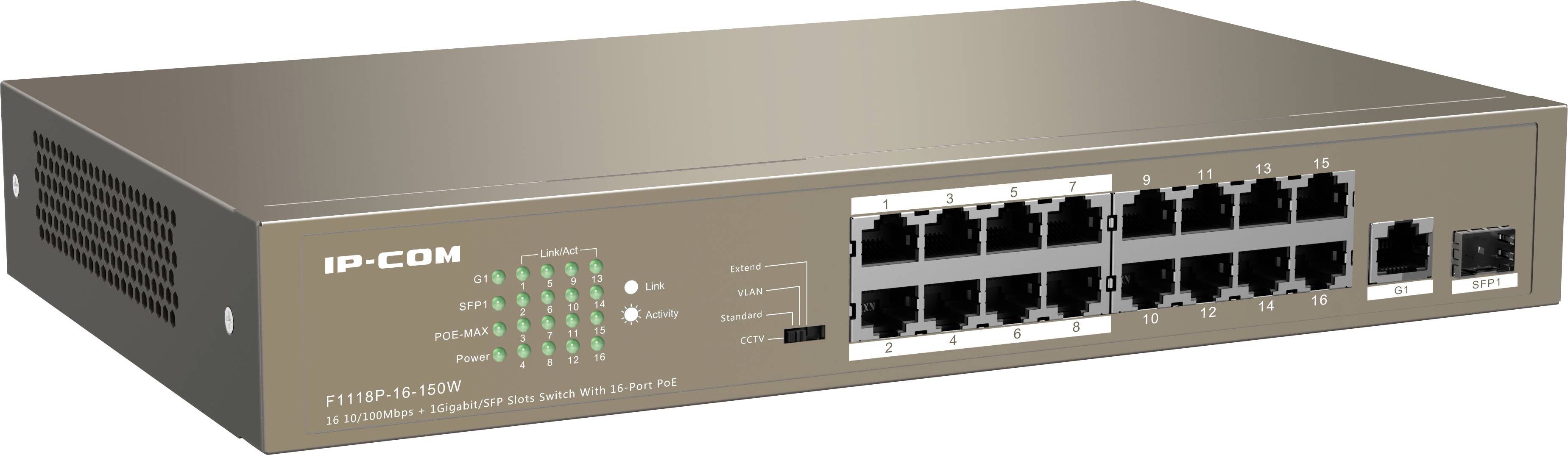 Brązowy switch sieciowy IP-COM z 16 portami Ethernet i diodami LED statusu po lewej stronie.