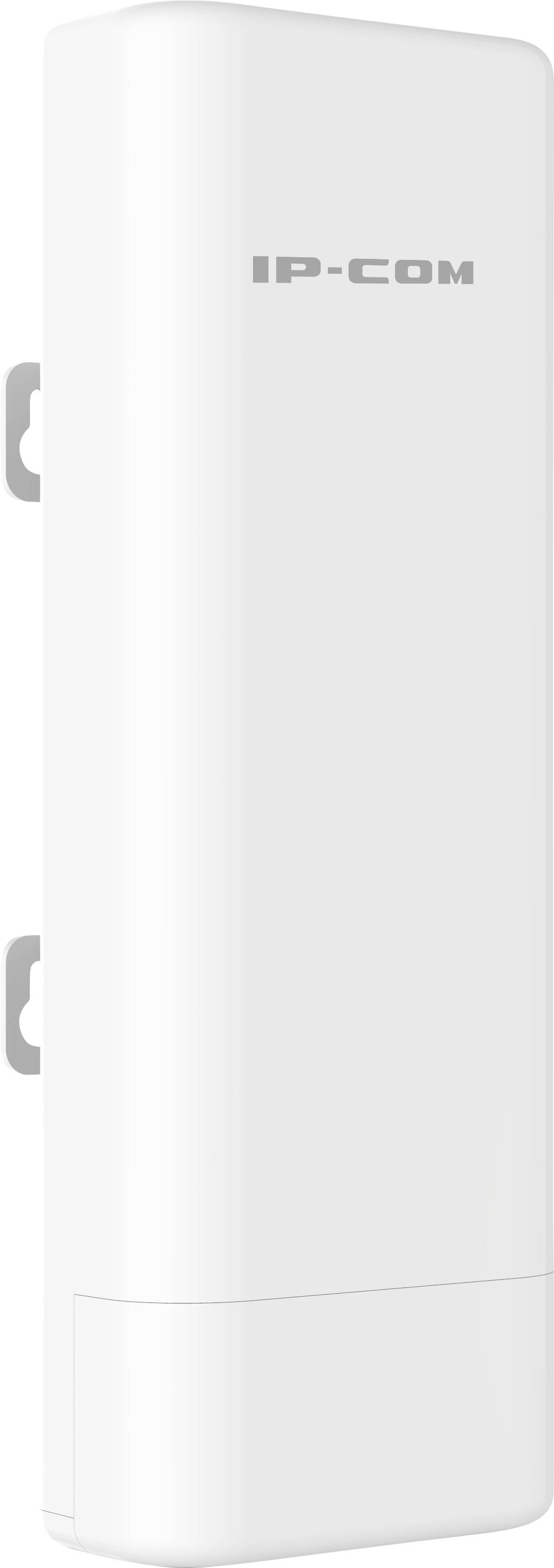 Biały, prostokątny router bezprzewodowy IP-Com o zaokrąglonych narożnikach, przystosowany do montażu ściennego.