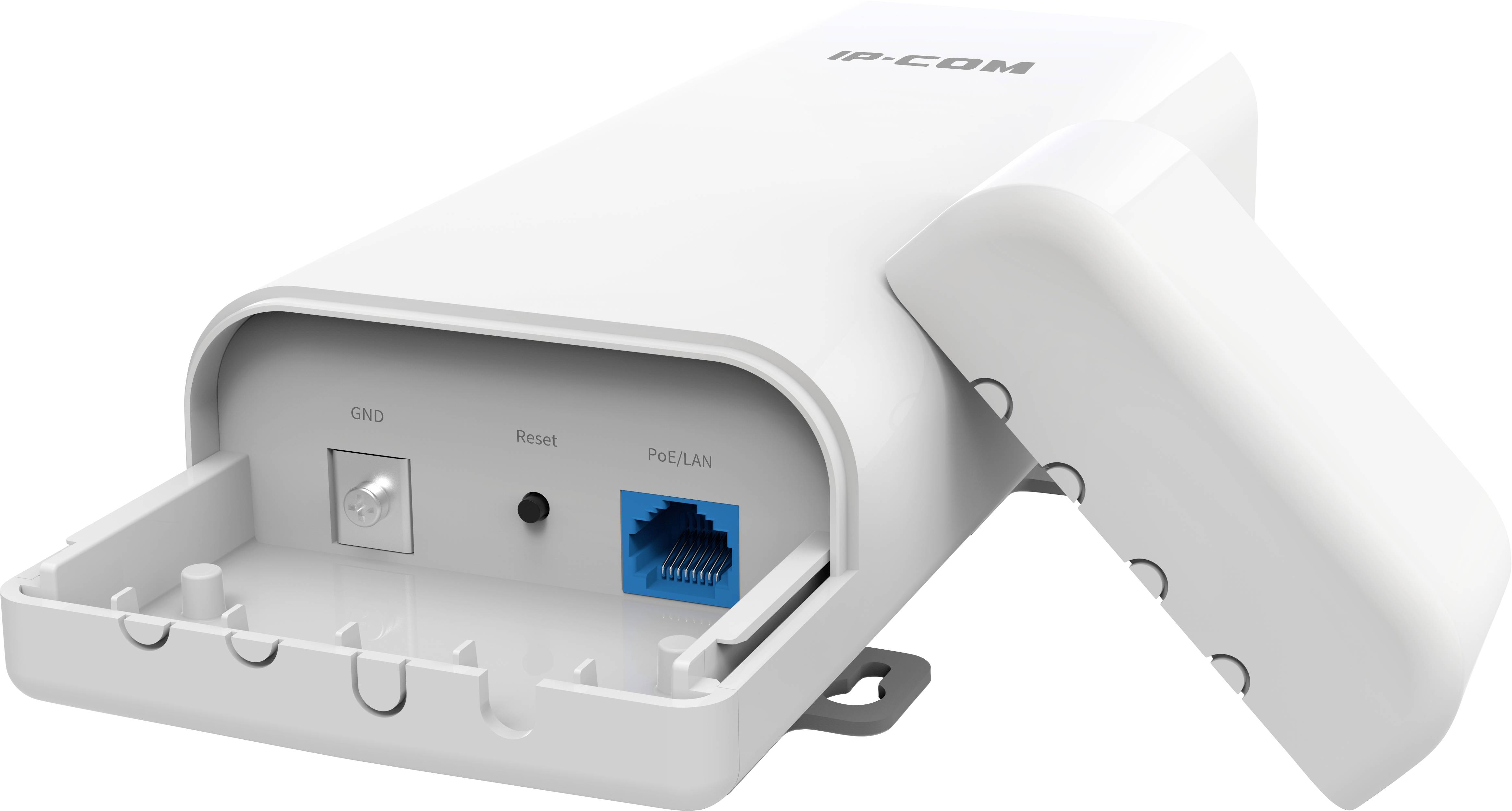 Białe urządzenie sieciowe z otwartą komorą przyłączeniową, widoczny port LAN, przycisk RESET oraz złącze zasilania.