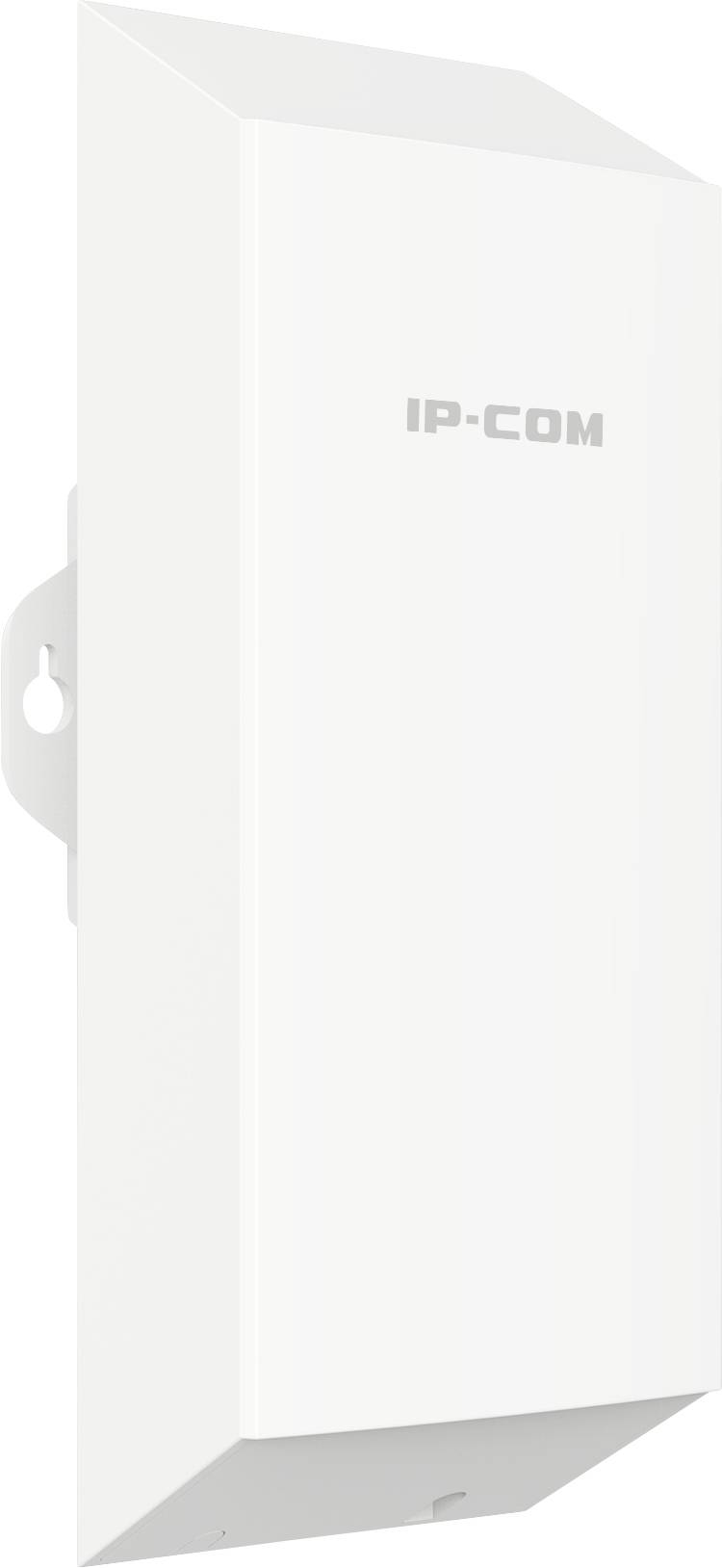Biały repeater anteny Wi-Fi firmy IP-Com w widoku bocznym, przystosowany do montażu ściennego.