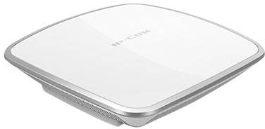 Biały, kwadratowy router Wi-Fi z zaokrąglonymi rogami i logo 'IP-COM' na górnej powierzchni.