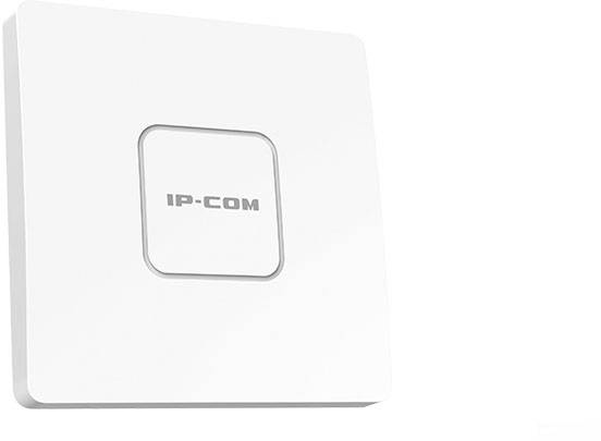Biały punkt dostępu Wi-Fi firmy IP-COM o kwadratowym designie, odpowiedni do użytku domowego i biurowego.