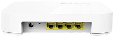 Biały router z czterema żółtymi portami Ethernet i wtyczką zasilającą z tyłu.