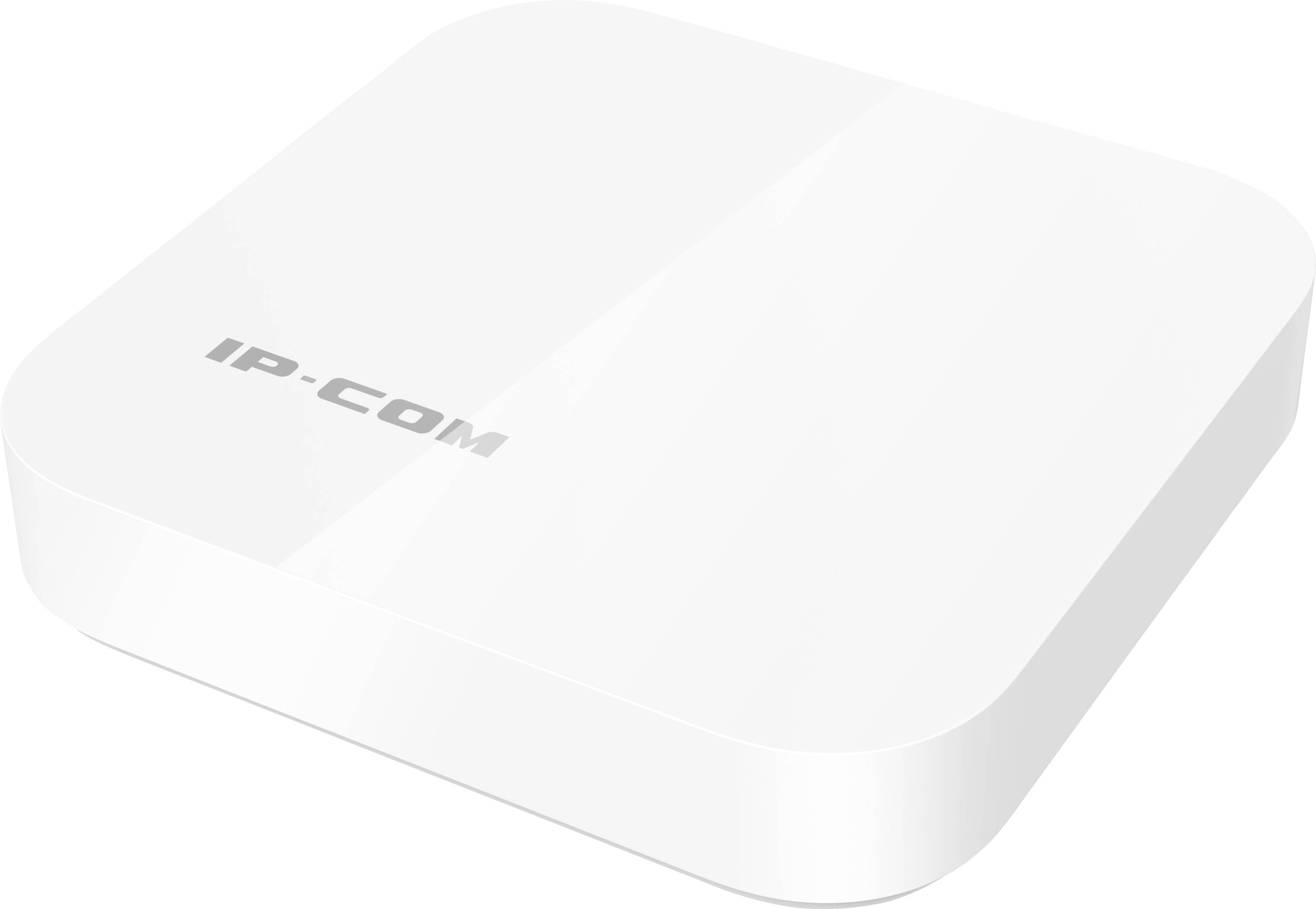 Biały, kwadratowy router WiFi z napisem 'IP-COM' na górnej powierzchni.