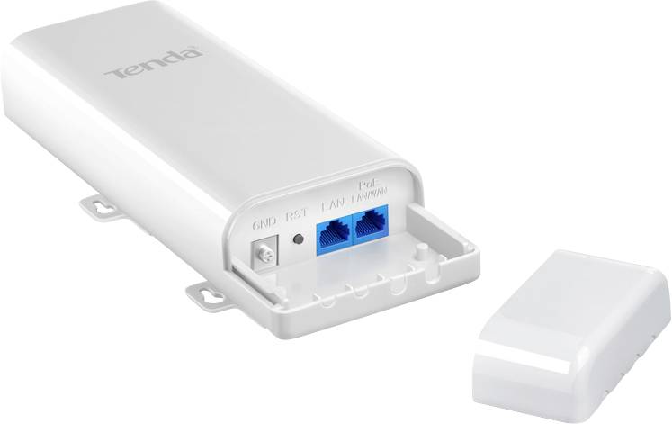 Przedstawiono biały adapter sieciowy z gniazdami Ethernet i zdejmowaną pokrywą; złącza są widoczne.