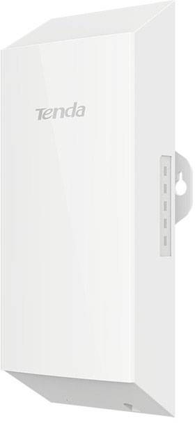 Pojedyncze białe urządzenie sieciowe z logo 'Tenda', które można zamontować, o prostokątnym kształcie z kilkoma portami po bokach.