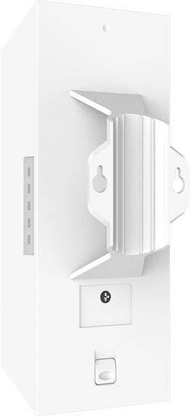 Biały klin drzwiowy z żebrowanym uchwytem i dwoma otworami na śruby, odpowiedni do montażu na ścianie.