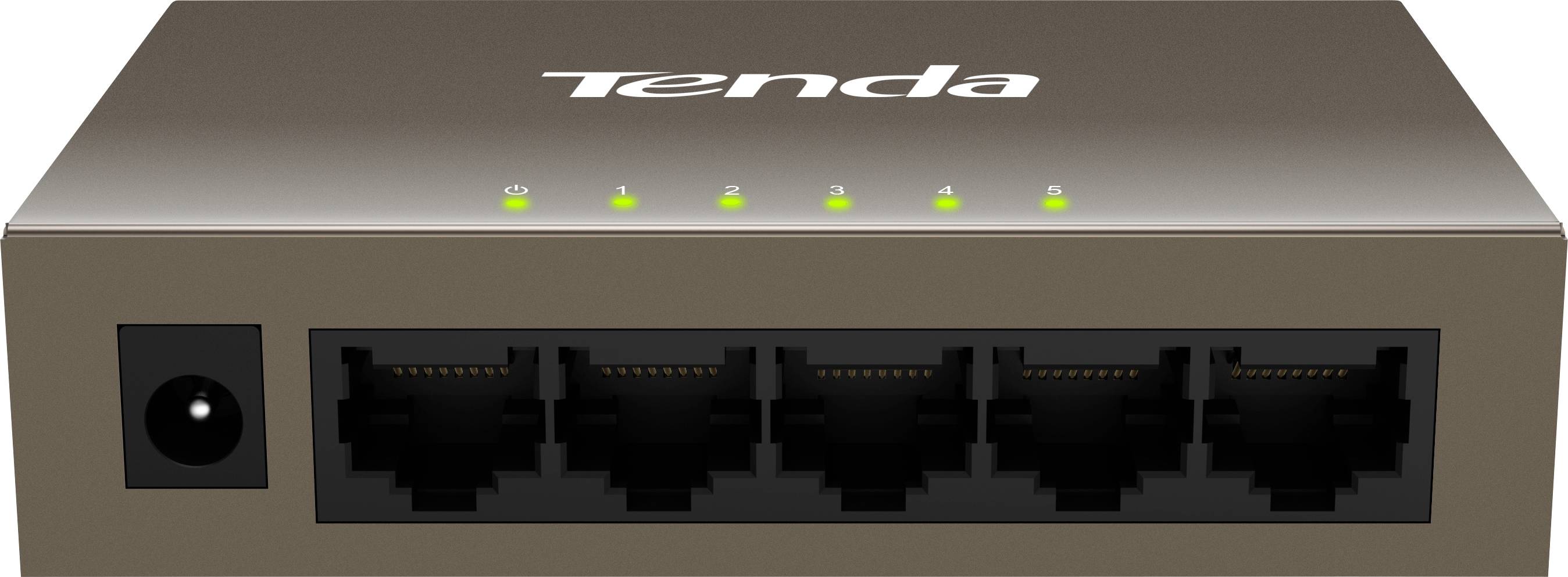 Przełącznik sieciowy marki Tenda z pięcioma portami Ethernet i świecącymi wskaźnikami statusu na górnej powierzchni.