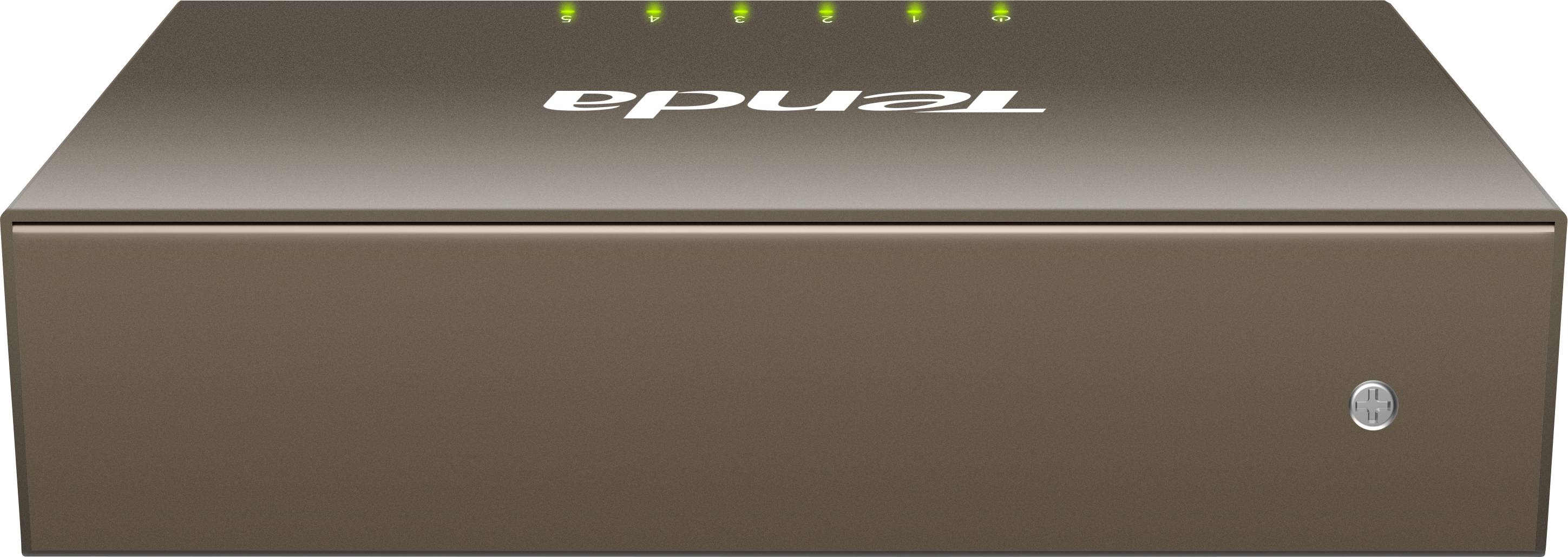 Brązowy switch sieciowy Tenda z wieloma diodami LED wskaźników podłączenia na górnej powierzchni.