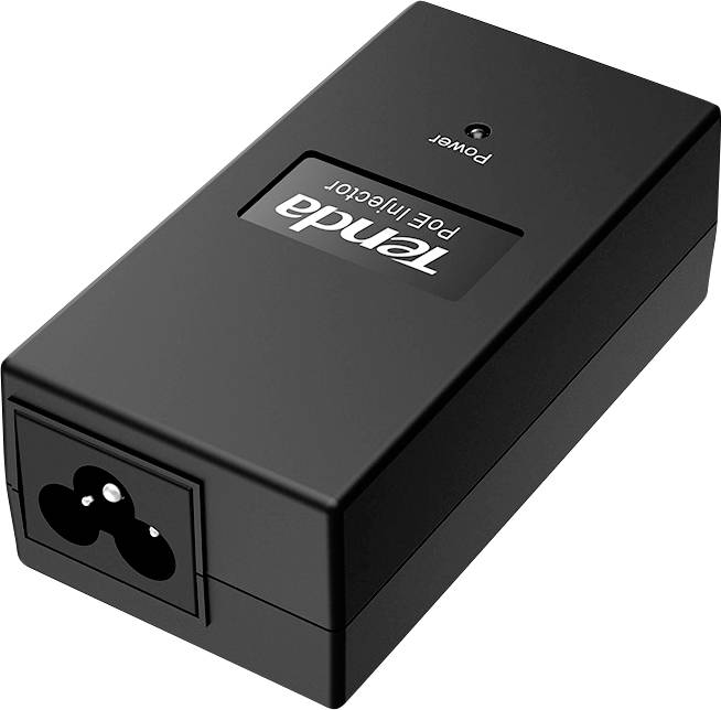 Czarny injektor PoE firmy Tenda. Na górze znajduje się wskaźnik 'Power'. Urządzenie służy do zasilania przez kabel Ethernet.