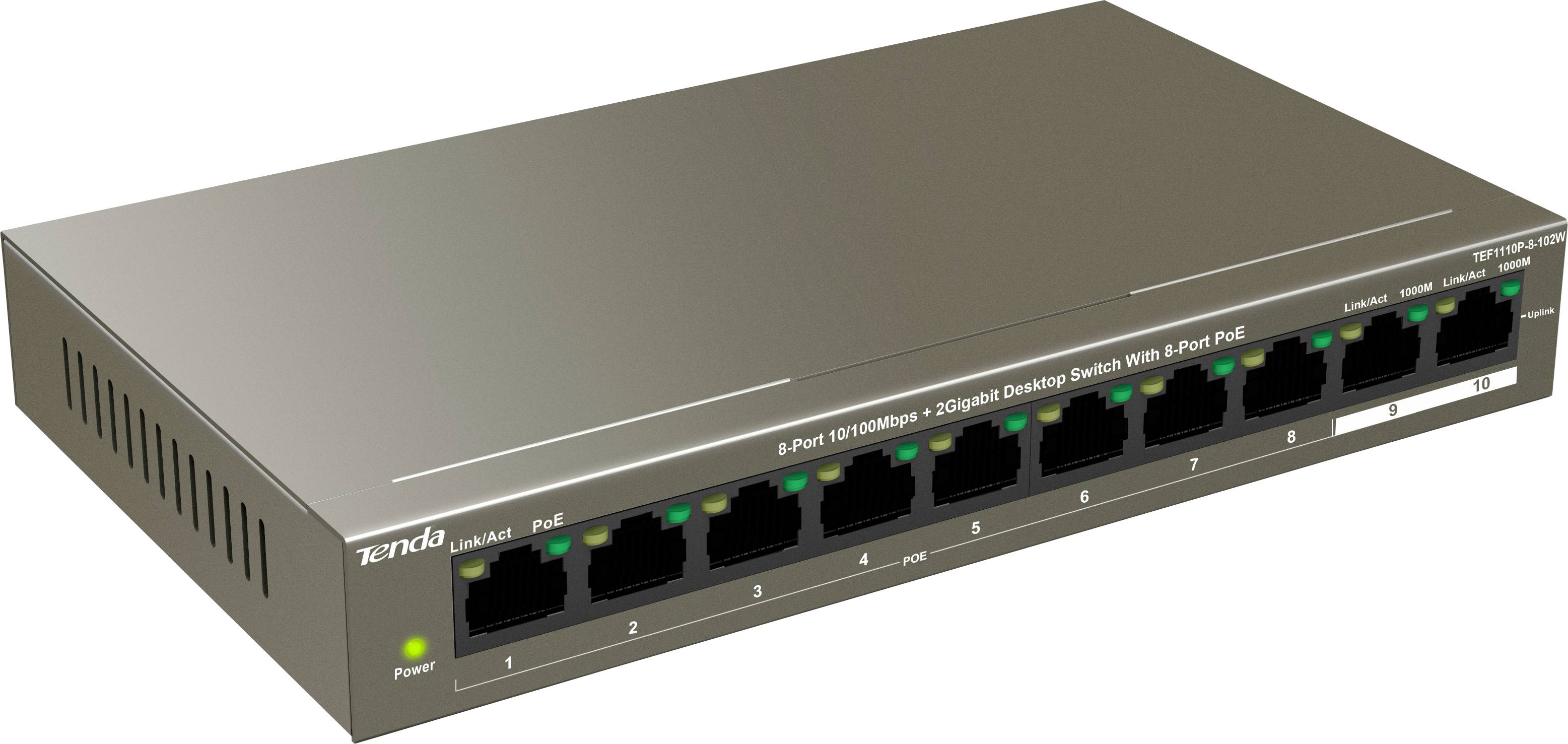 8-portowy przełącznik Gigabit Ethernet z funkcją PoE, odpowiedni do stosowania w sieciach domowych i biurowych w celu połączenia urządzeń sieciowych.